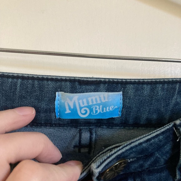 🌞Mumu Blue Medium Wash Hi Rise Flare Large Bell Bottom Raw Hem Denim Jean’sA216 - Picture 2 of 10